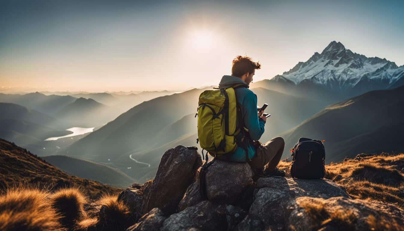 A backpacker with high-tech gadgets overlooking a mountain range.
