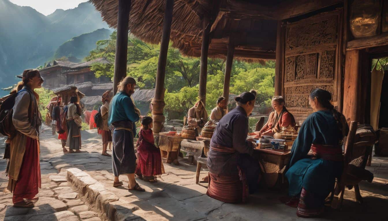 A group of diverse travelers respectfully interacting with locals in a traditional setting.