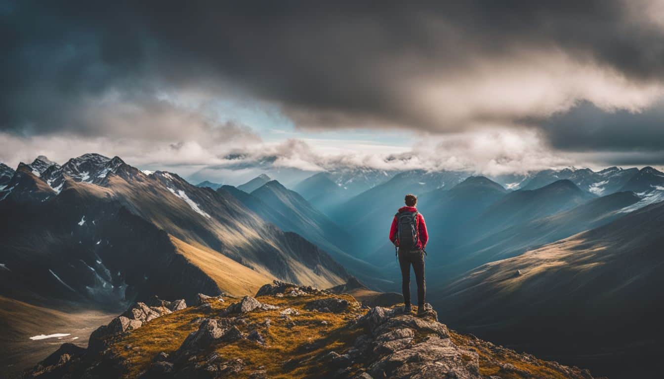 A lone backpacker standing on a mountain summit surrounded by wilderness.
