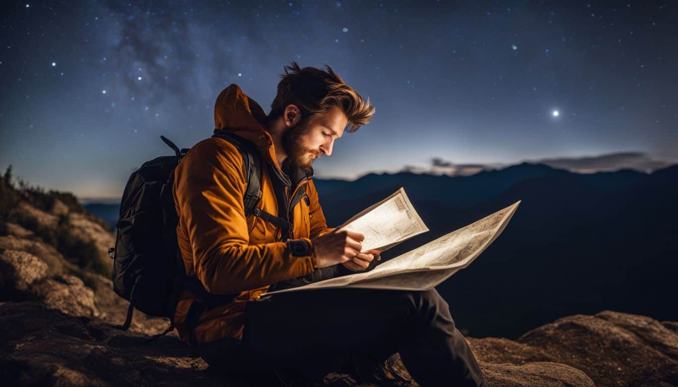 A solo backpacker reads a map under a starry sky in the wilderness.