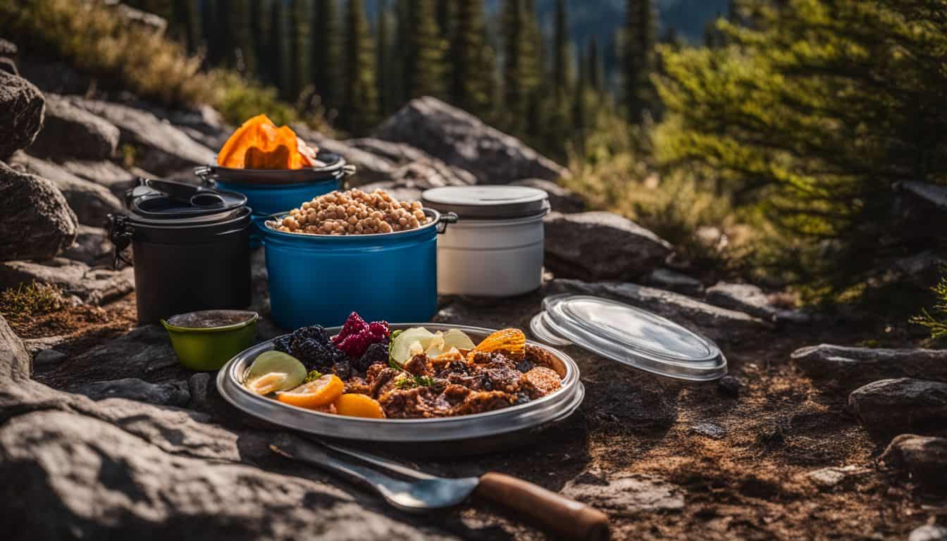 A photo of assorted dehydrated backpacking meals and energy bars on a rocky mountain trail.