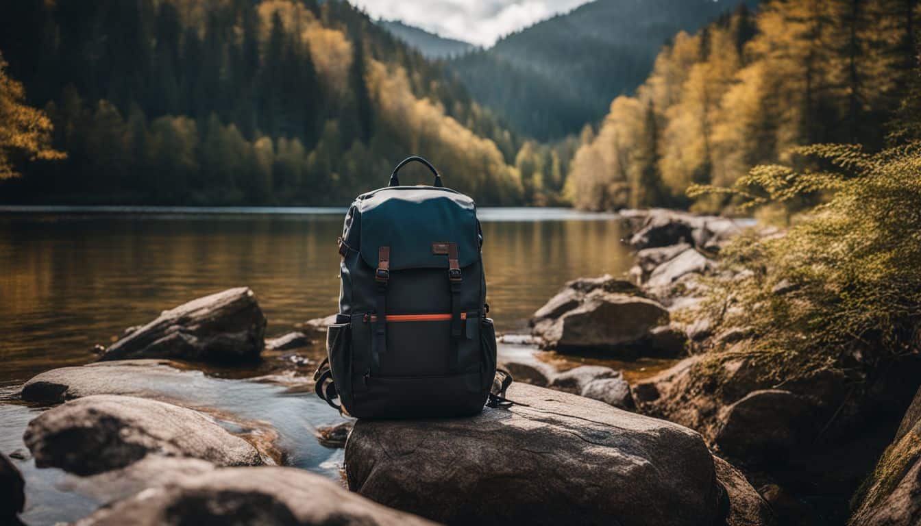 A compact backpack with minimalist gear in serene nature.