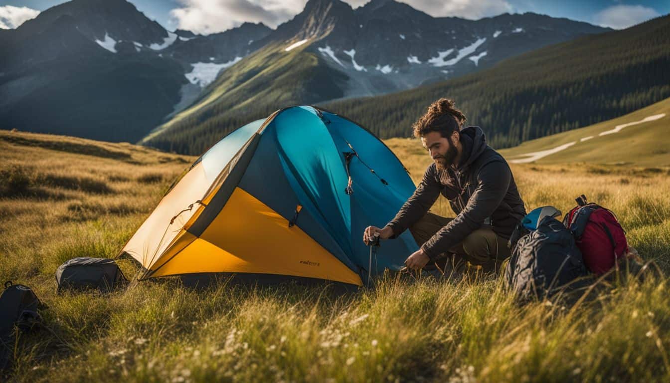 A backpacker setting up a tent in a remote mountain meadow.