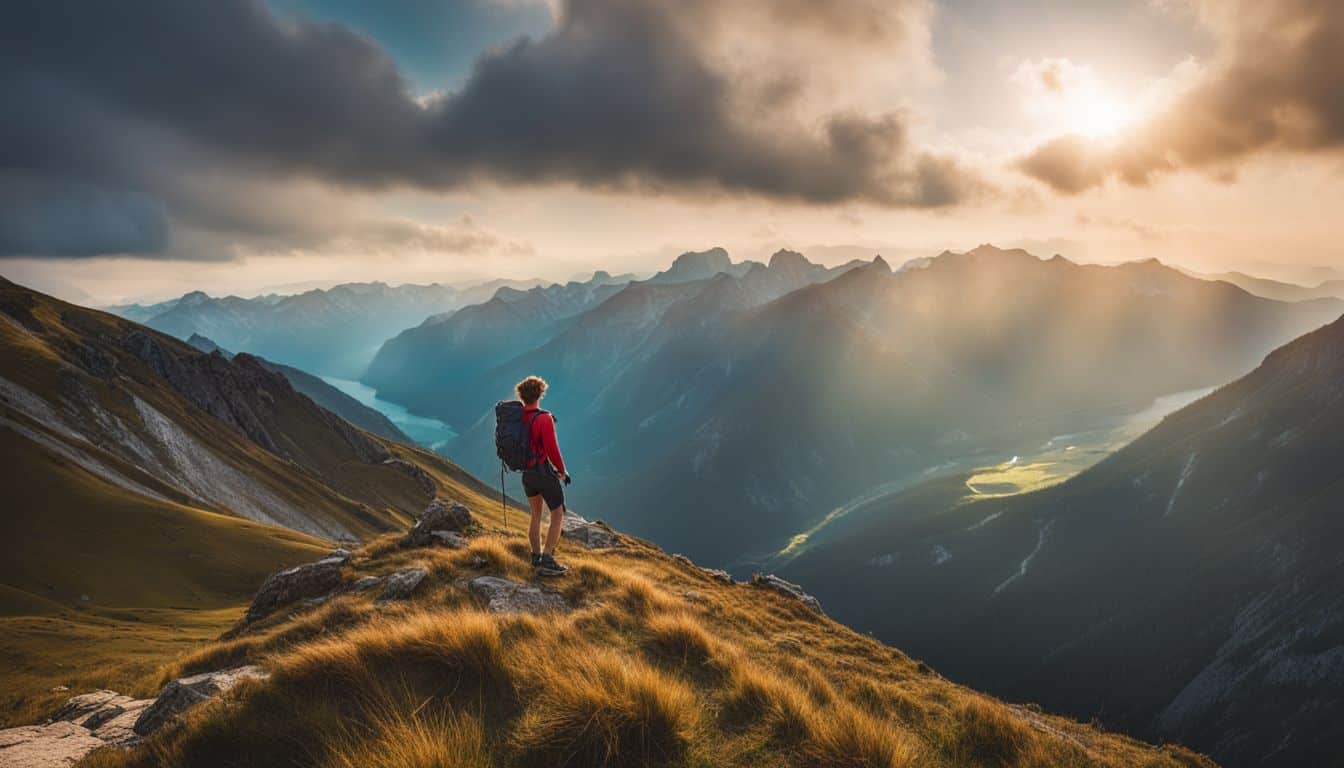 A hiker enjoying a stunning mountain view at the peak.