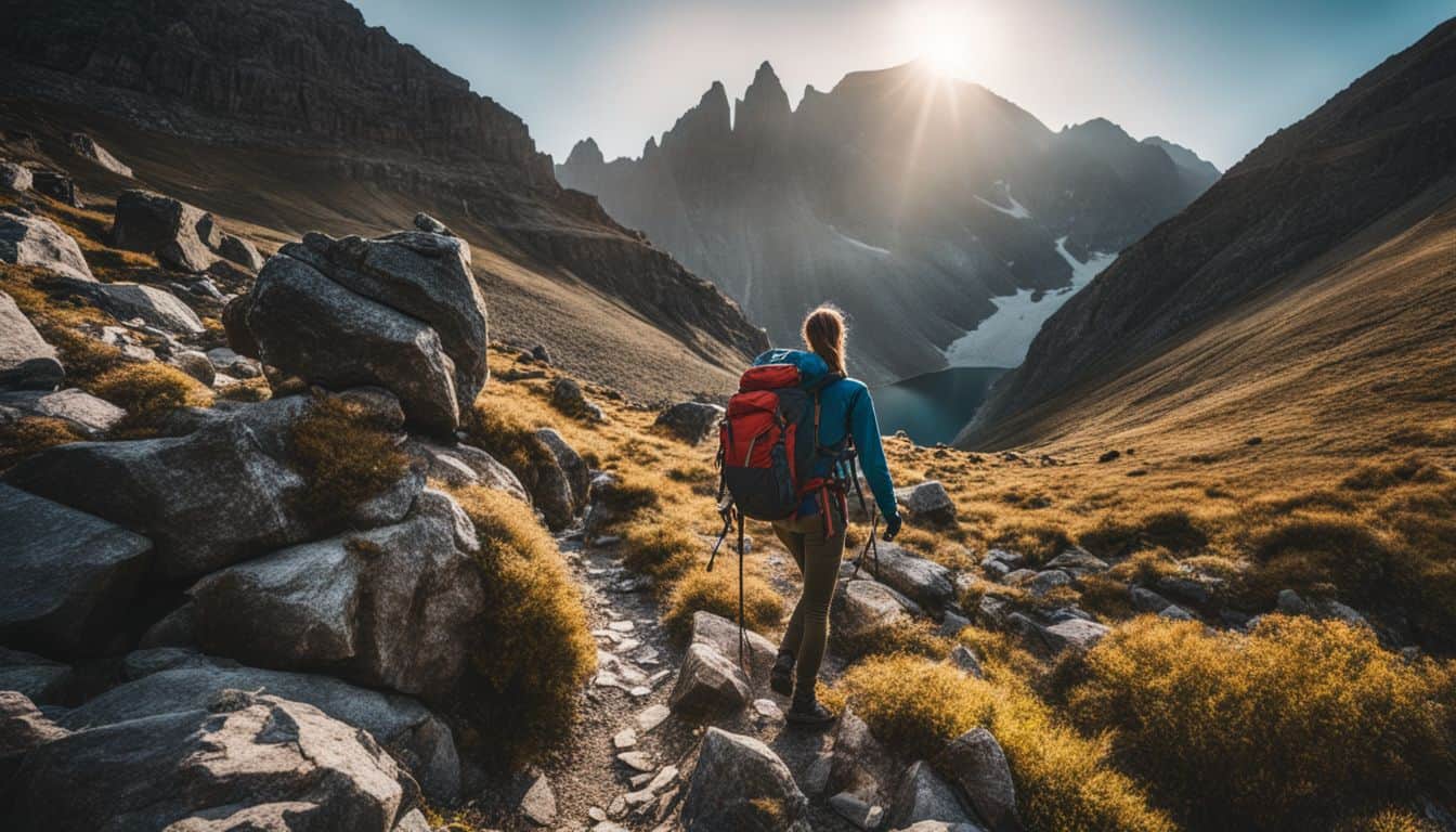 A hiker trekking through rocky terrain with lightweight backpacking gear.
