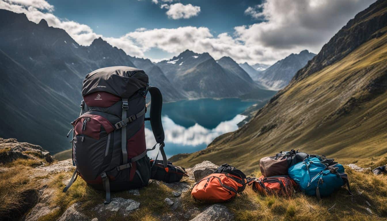 A high-quality backpack and gear against a rugged mountain backdrop.