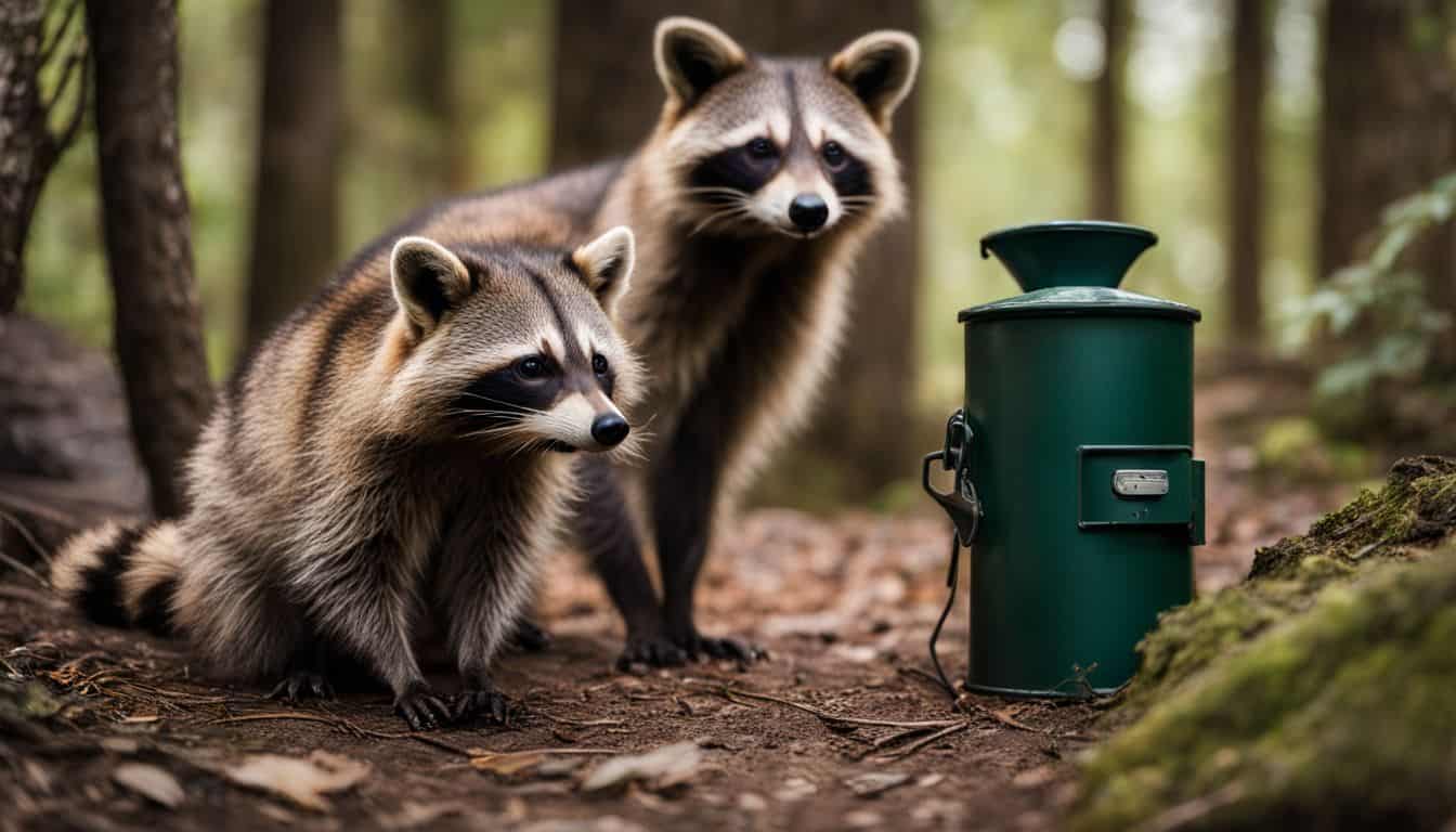 A curious raccoon inspecting a locked bear canister in a forest.