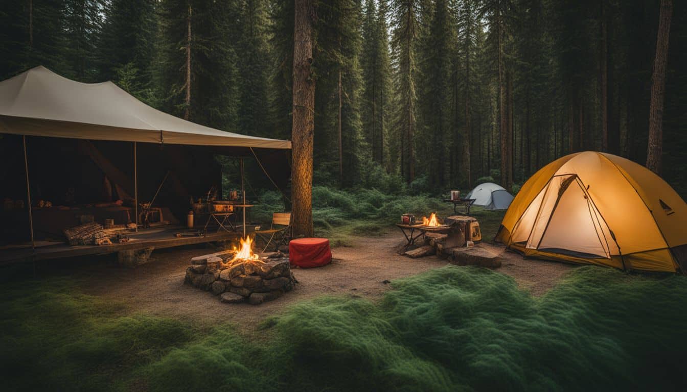A bustling campsite surrounded by lush greenery with carefully placed tents.
