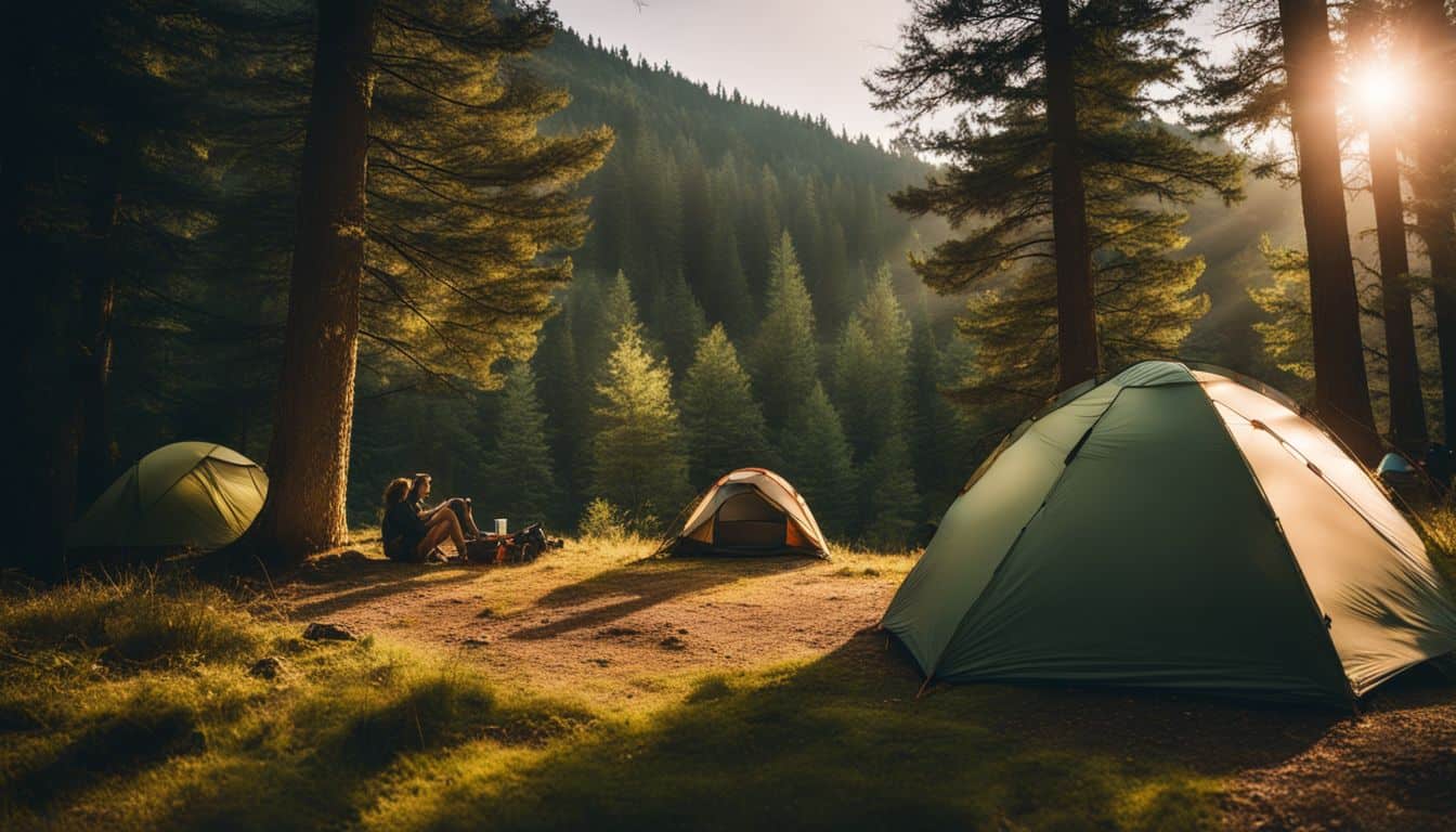 A tent pitched in a serene forest clearing with camping gear.