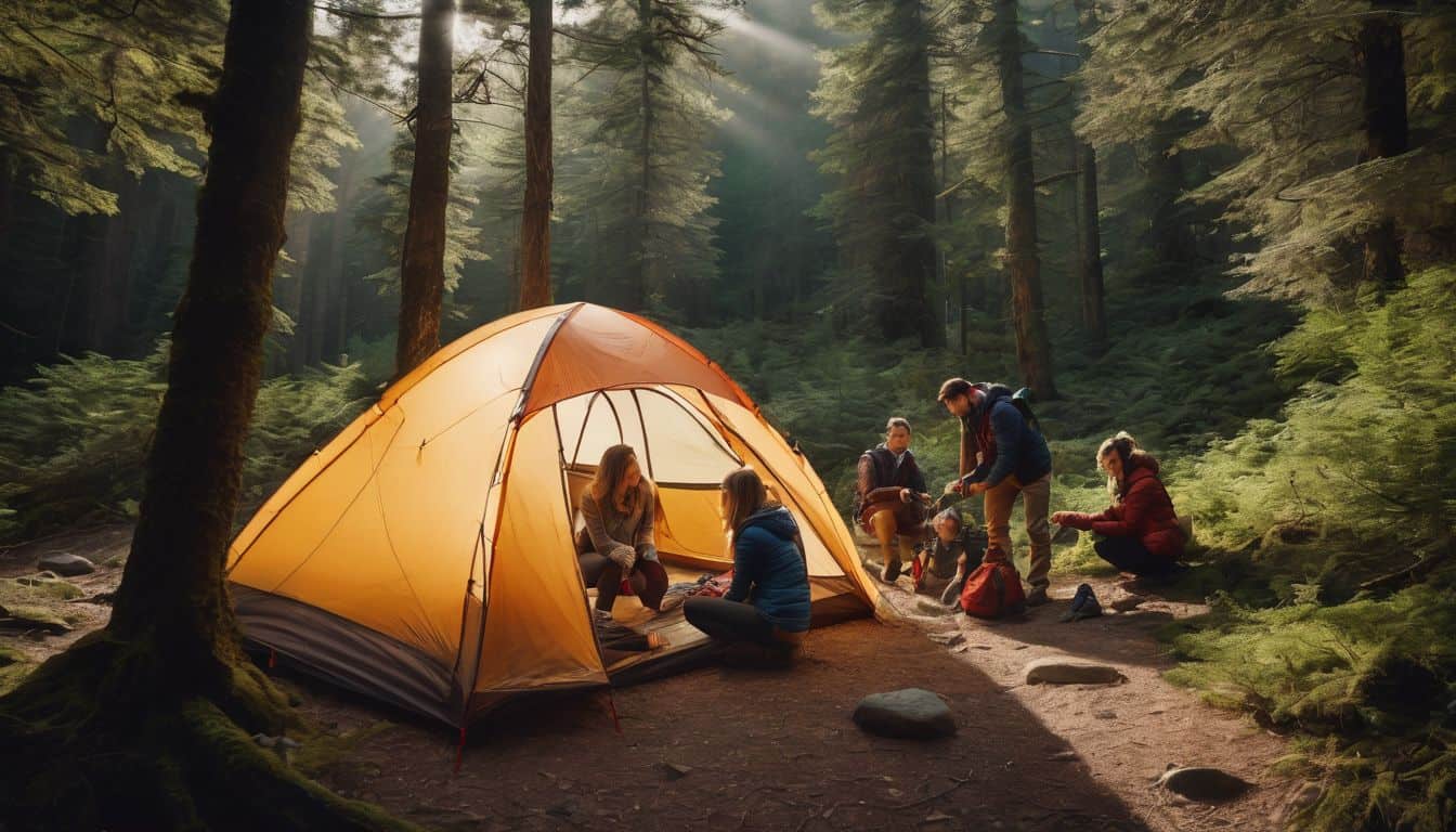 A family setting up a tent in a secluded forest clearing.
