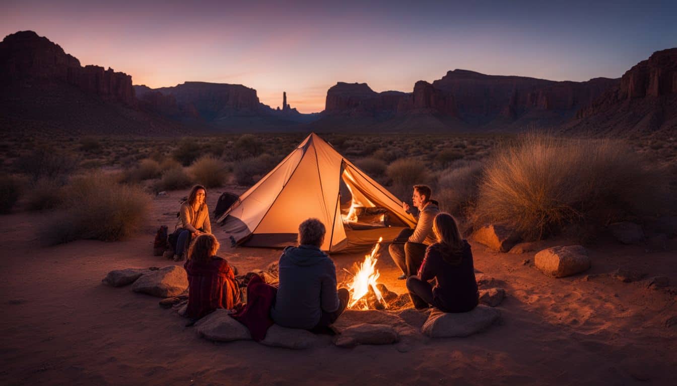 A cozy campfire in the Arizona desert with a tent and people.