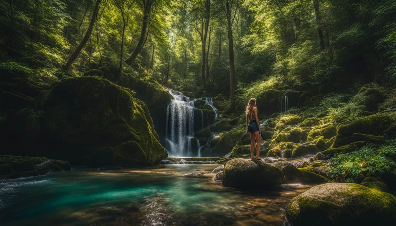 A natural spring in a lush forest with people enjoying nature.