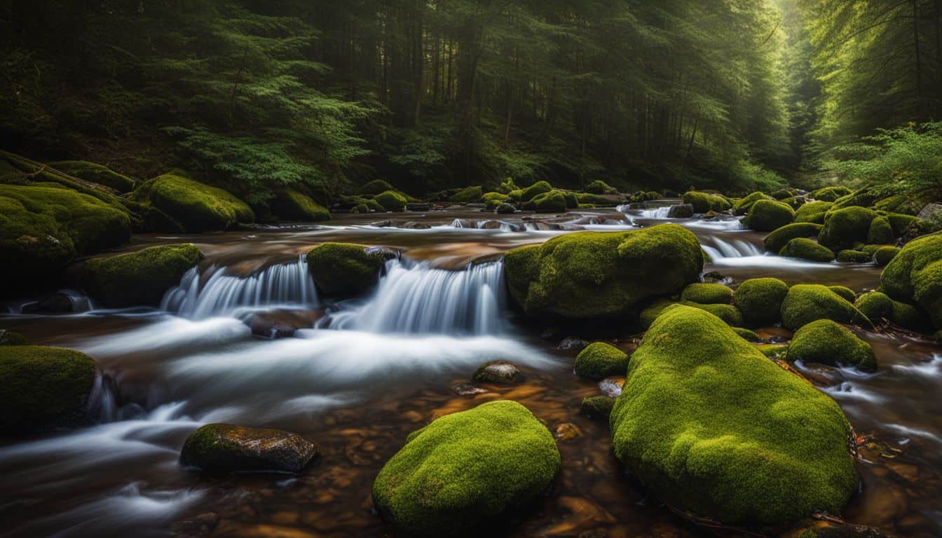 A tranquil stream flows through a dense forest in a nature photograph.