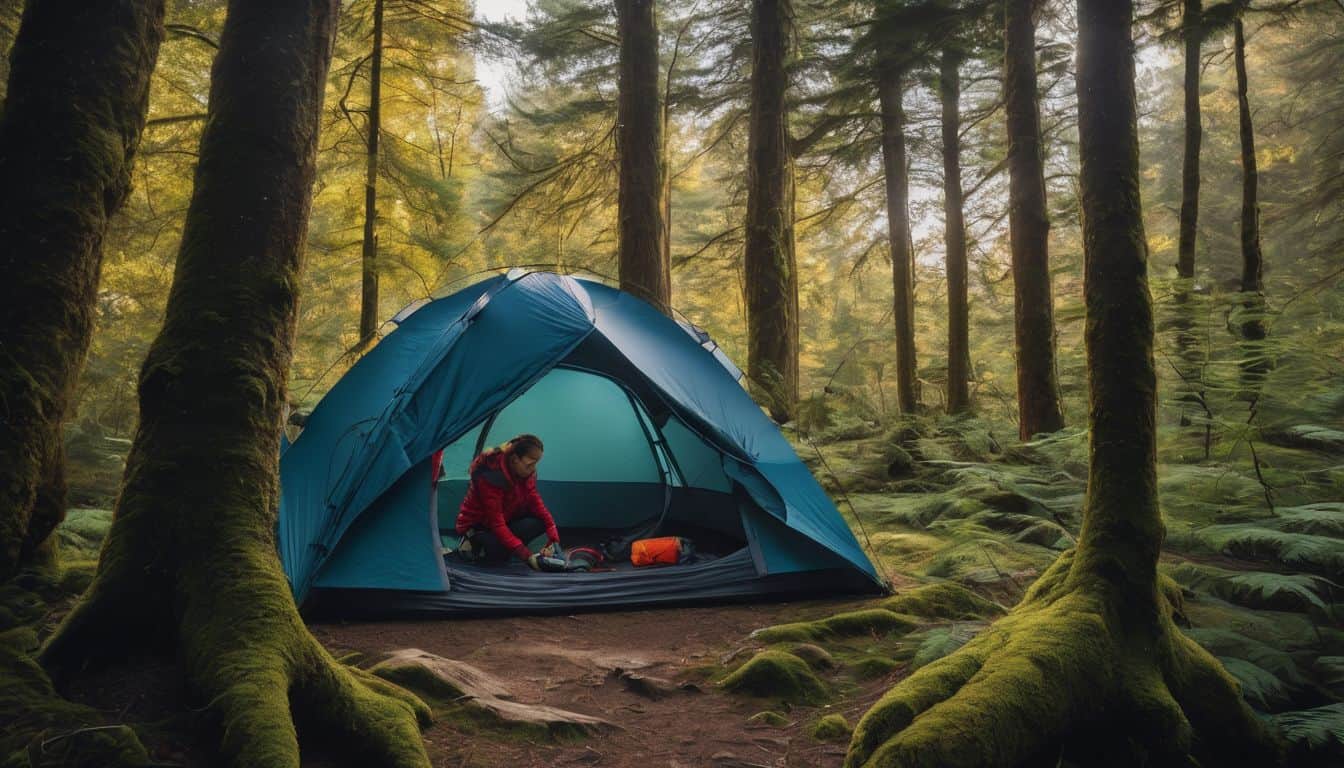 A person setting up a tent in a secluded forest clearing.