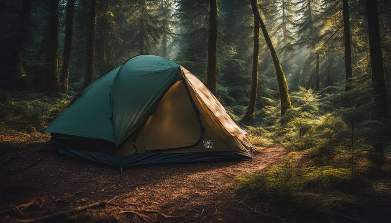 A tent pitched in a secluded forest clearing with no amenities.
