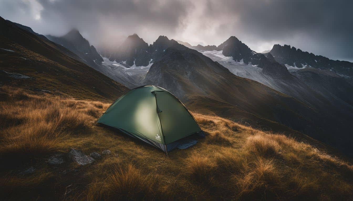 A lone tent pitched on a secluded mountainside surrounded by expansive wilderness.