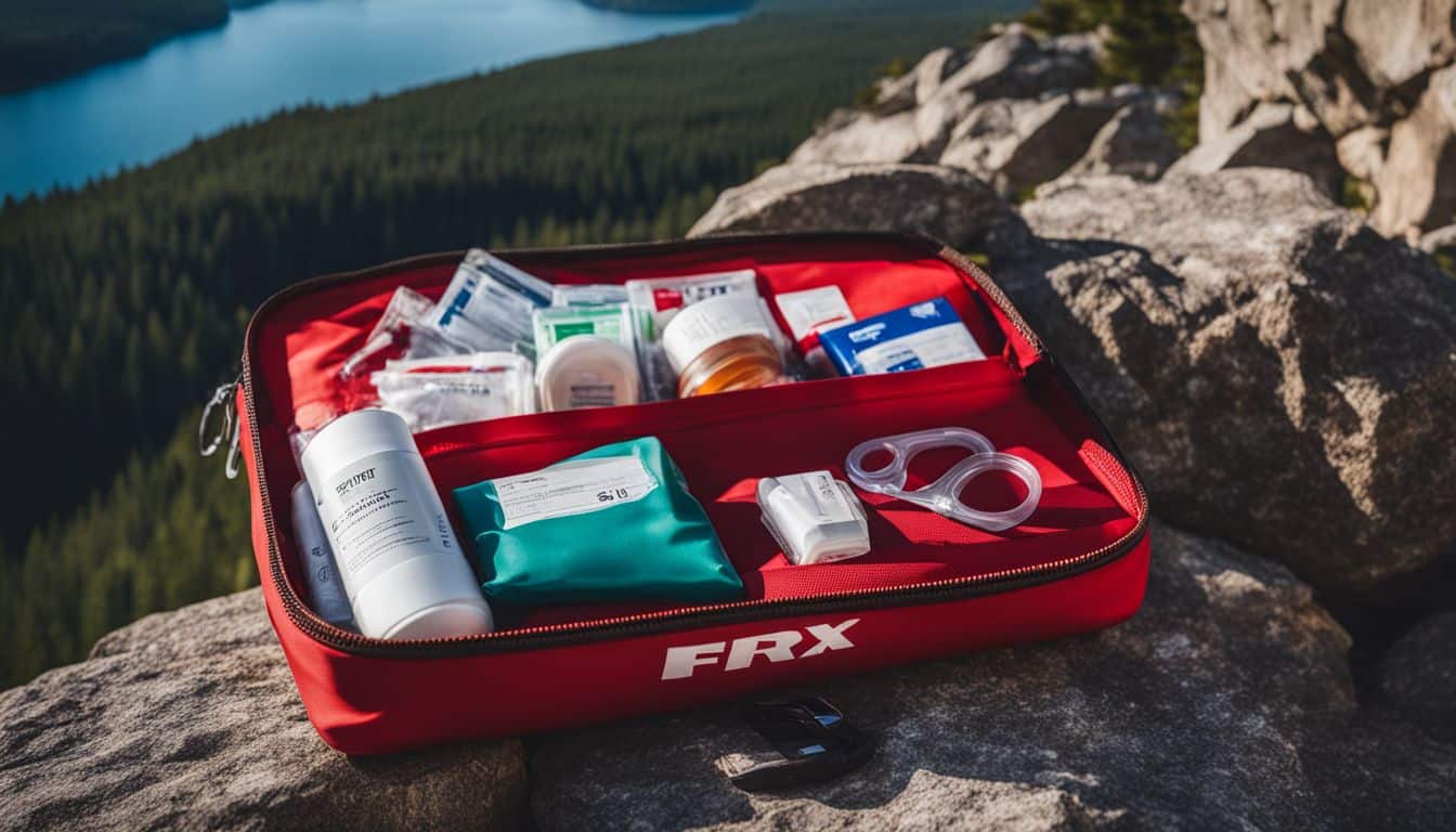 A well-equipped first aid kit on a rocky mountain ledge.