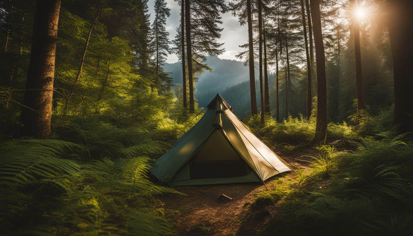 A lone tent pitched in a remote forest clearing surrounded by greenery.