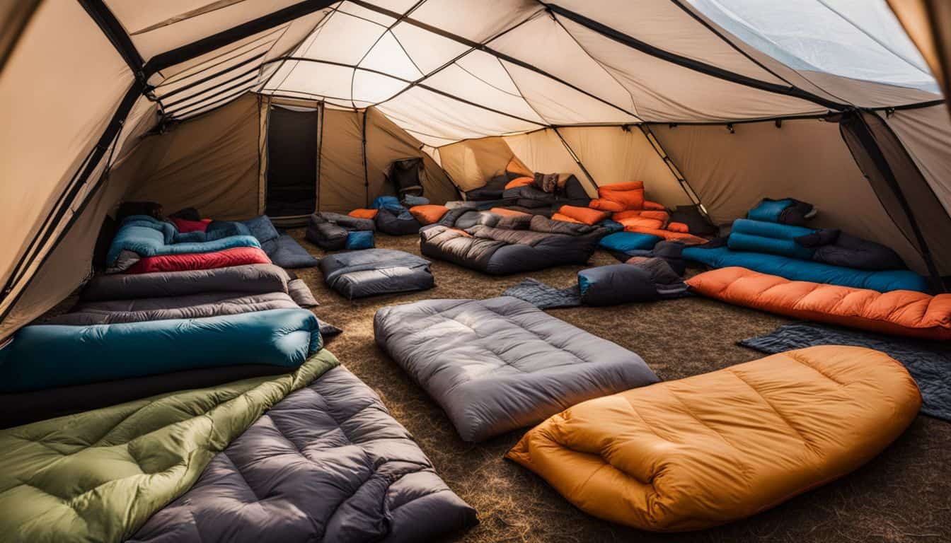 A collection of sleeping bags laid out in a camping tent.