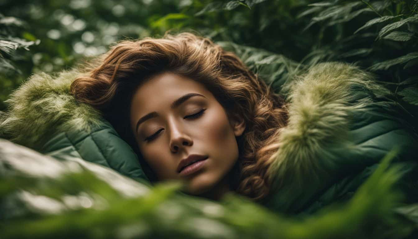 A close-up of a sleeping bag surrounded by lush greenery in nature.