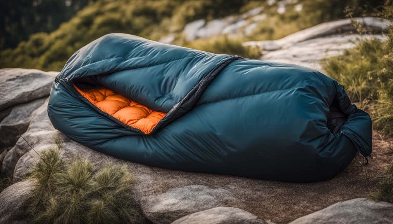 A neatly folded sleeping bag with a liner placed in a shaded outdoor environment.