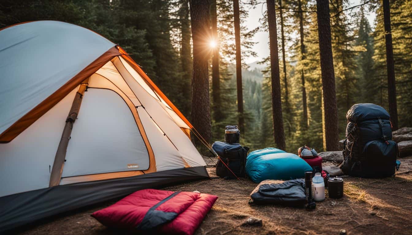 A neatly organized camping tent in a serene natural landscape.
