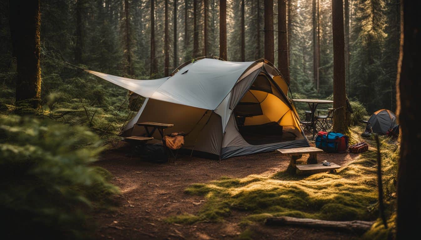 A minimalist camping setup in a serene forest with sustainable gear.