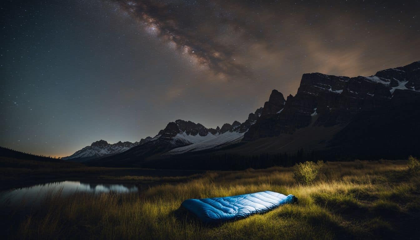 A cozy sleeping bag under a starry night sky in the wilderness.