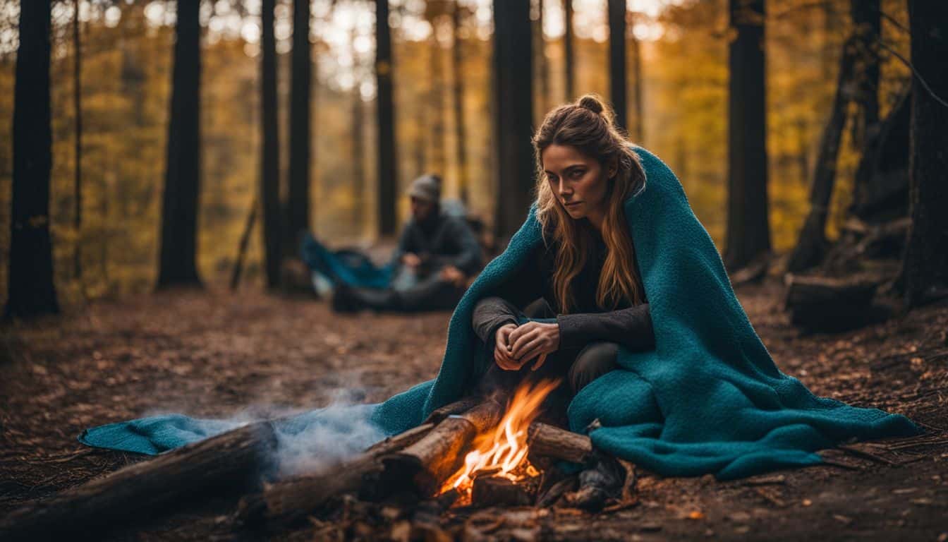 A hiker wrapped in a thermal blanket sits by a campfire in the woods.