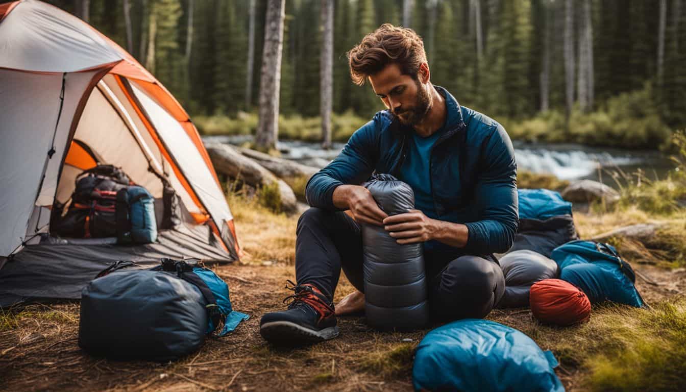 A hiker unpacking an ultralight sleeping bag in a serene campsite.