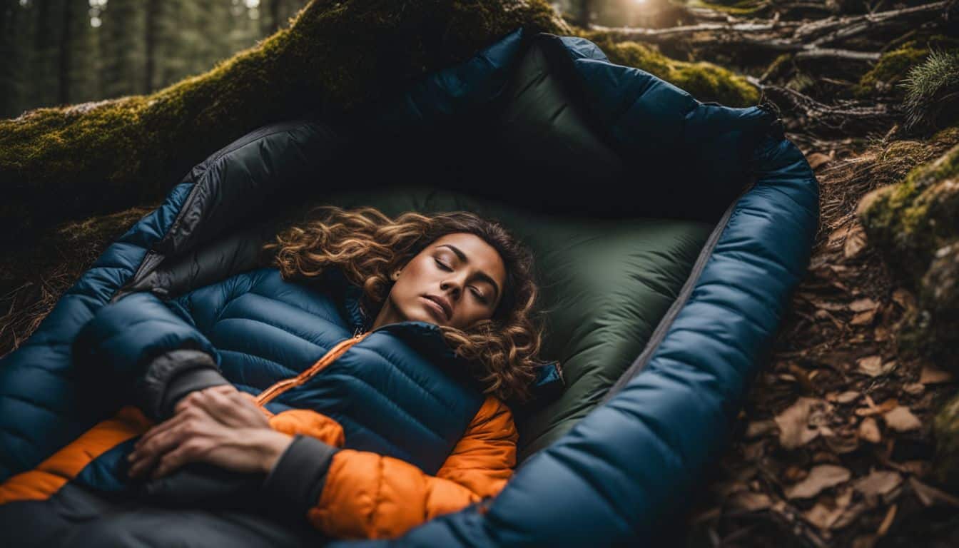 An adventurer snug in a sleeping bag in a beautiful wilderness.