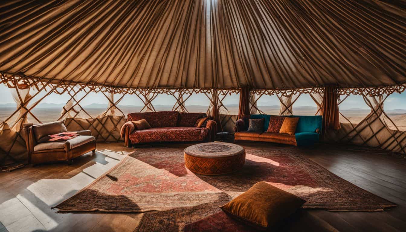 A traditional yurt in the Central Asian steppes with diverse people.
