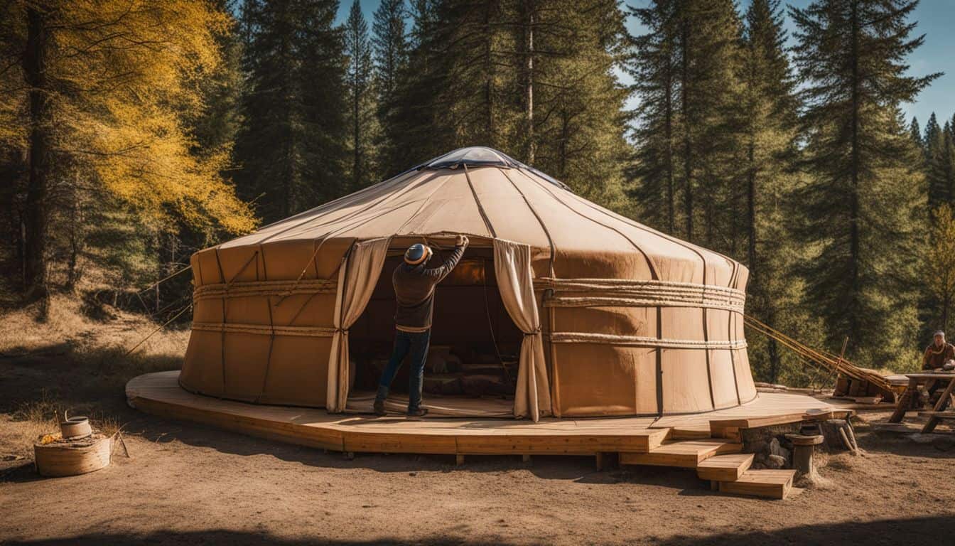 A skilled craftsman building a yurt in a serene, rural setting.