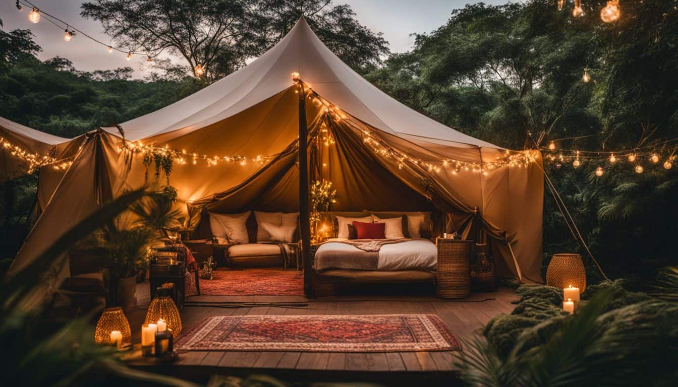 A cozy luxury safari tent surrounded by lush greenery.