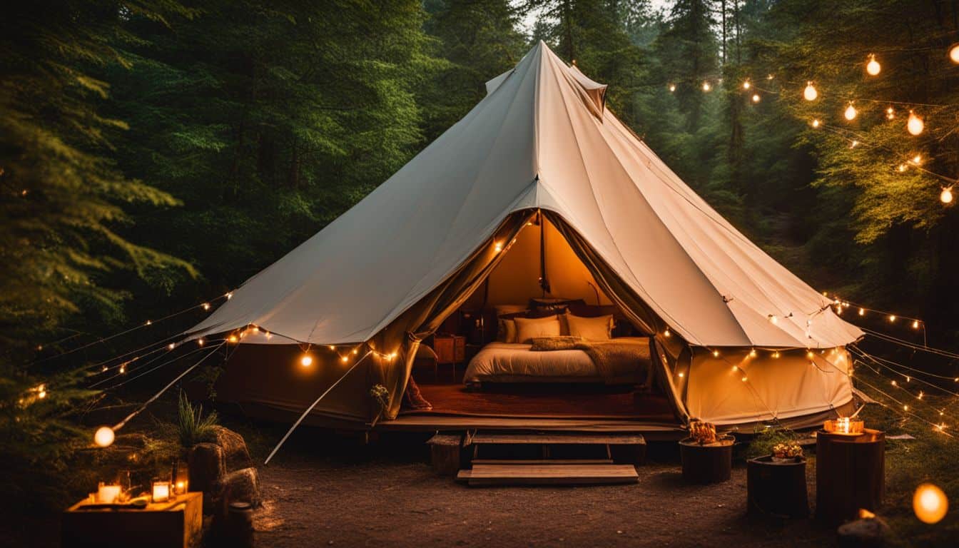 A cozy glamping tent in a lush forest clearing with string lights.