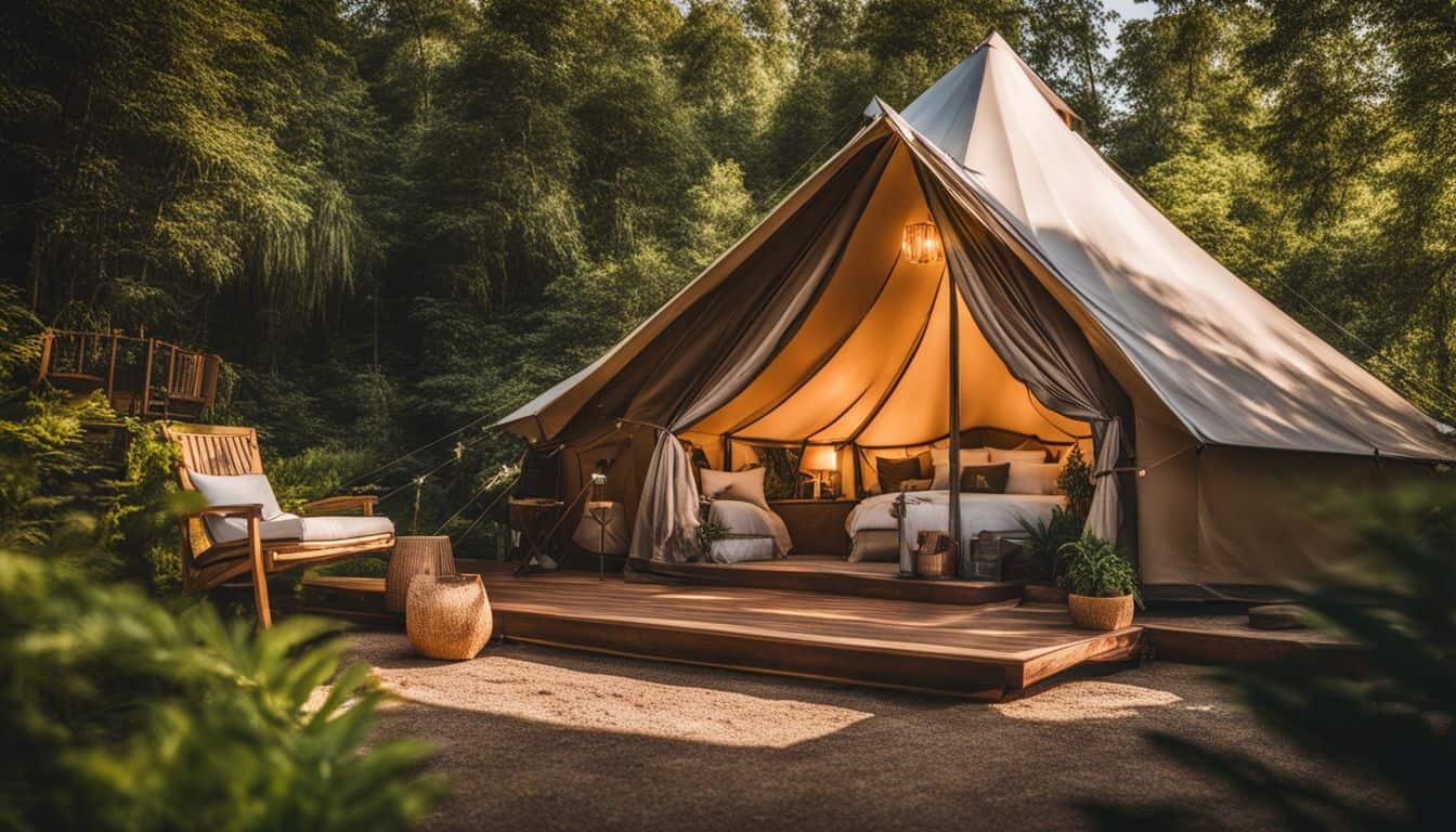 A luxurious glamping tent surrounded by lush greenery in nature photography.
