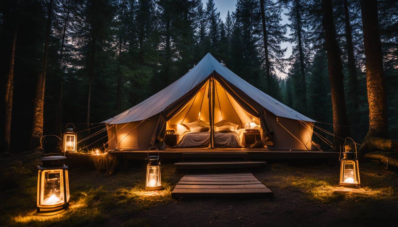 A cozy glamping tent in a forest clearing with lanterns.