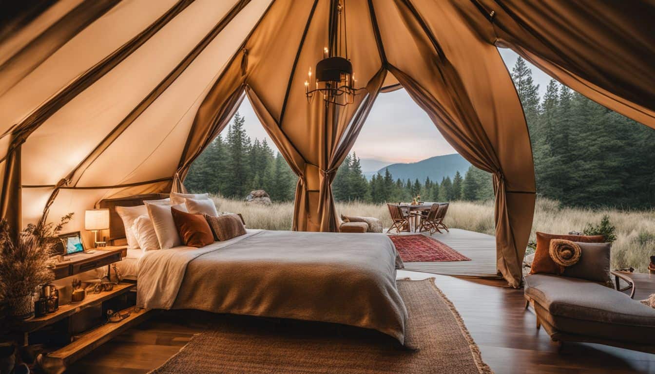 A luxurious glamping tent in a picturesque natural environment with modern amenities.