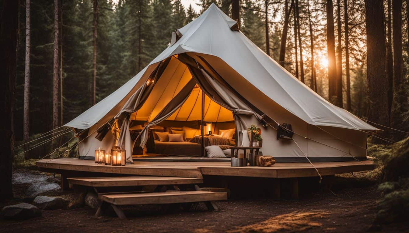 A luxurious glamping tent with modern amenities nested in a tranquil forest.