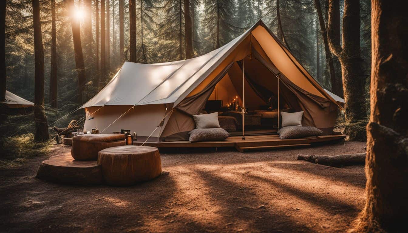 A luxurious glamping tent in a serene forest.