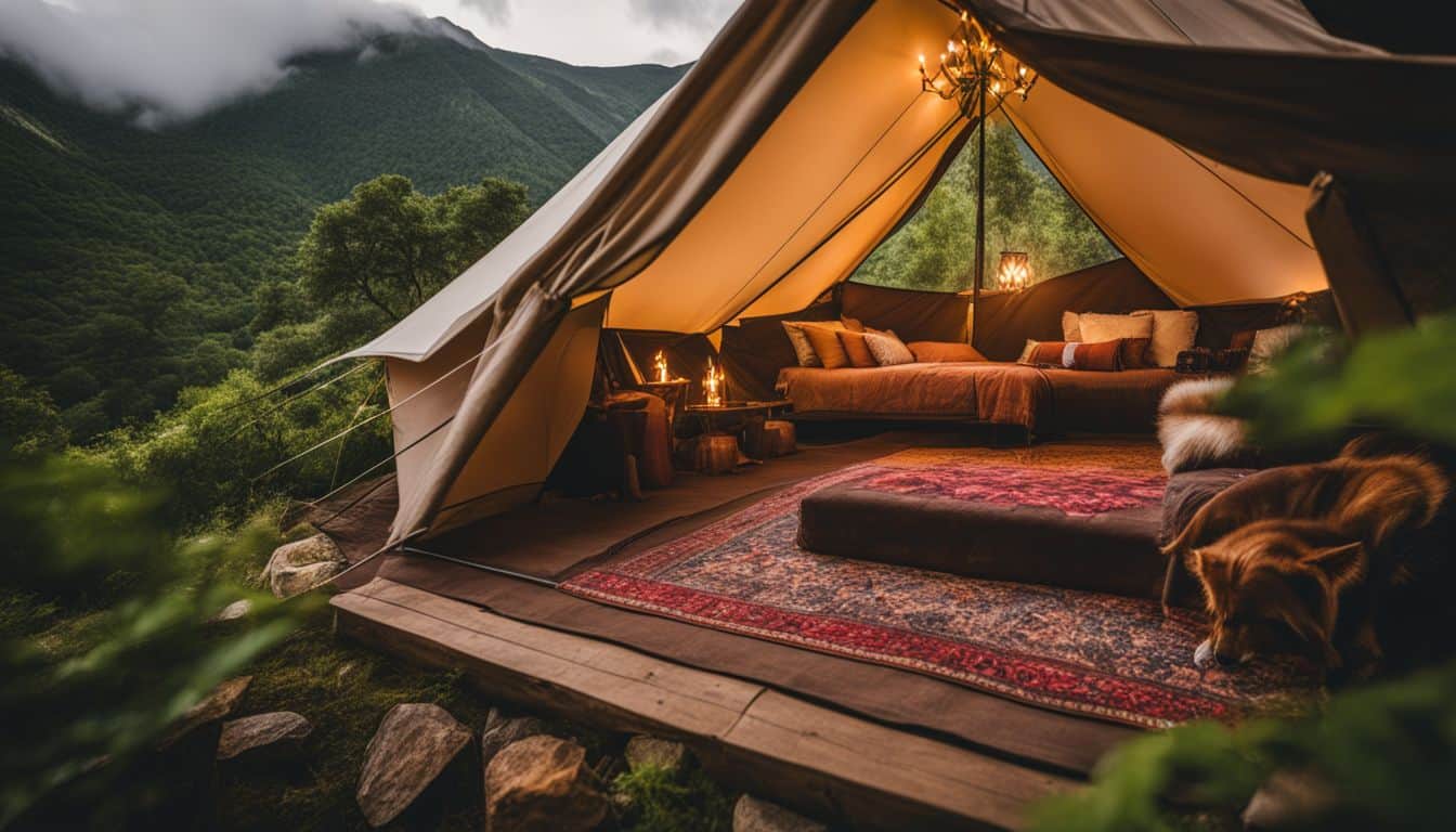 A cozy glamping tent surrounded by lush greenery in a remote mountain valley.