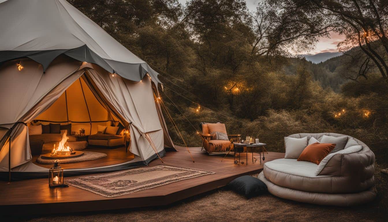 A luxurious glamping setup with elegant decor and spacious dome tent.