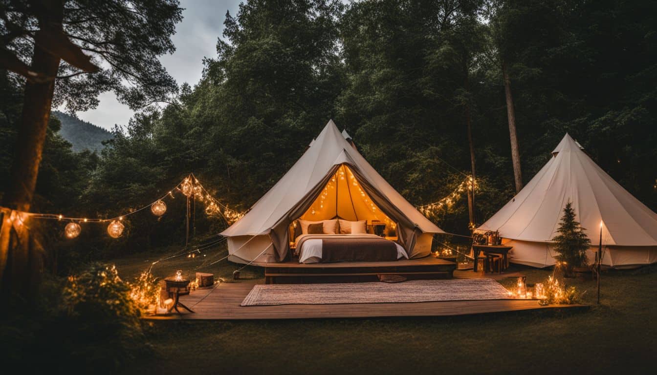 A cozy glamping tent surrounded by lush greenery and string lights.