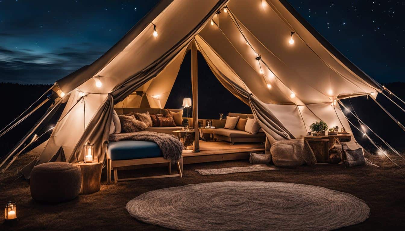 A luxurious glamping tent under a starry night sky.