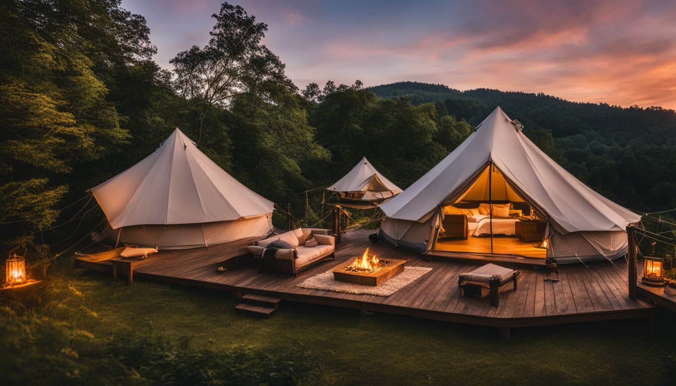 A luxury glamping site surrounded by natural beauty and amenities.