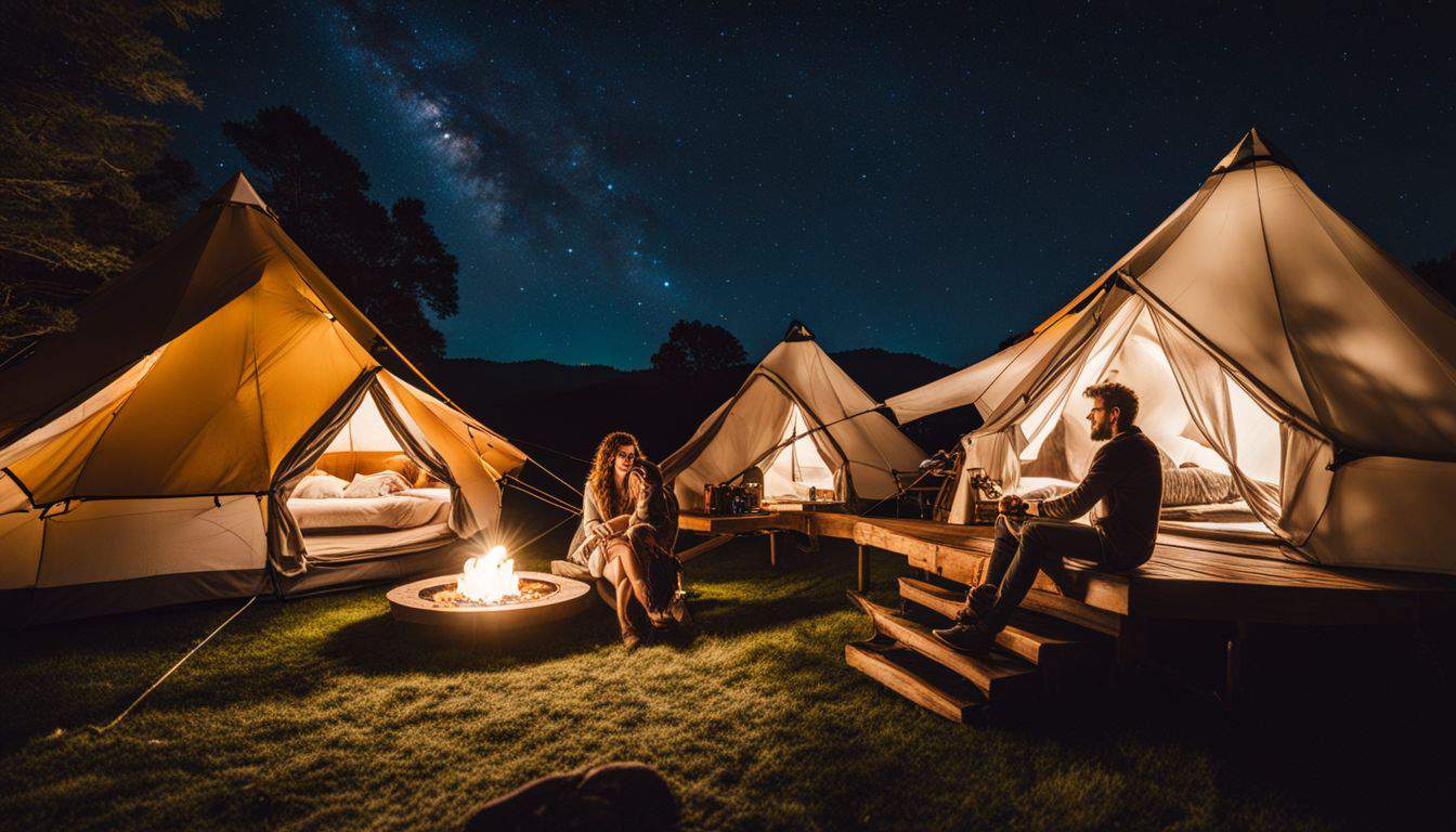 A couple enjoying a themed glamping experience under the stars.