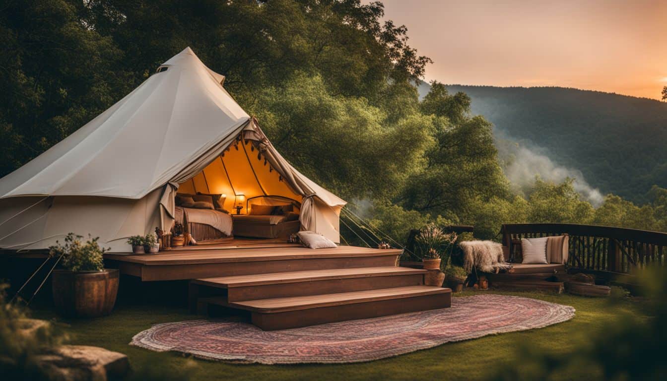 A luxurious glamping tent nestled in lush green landscapes with diverse people.