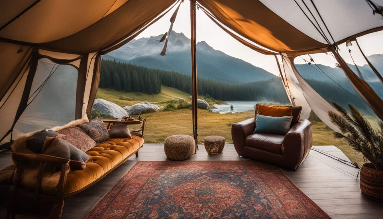 A luxurious tent set up in beautiful natural scenery with diverse people.