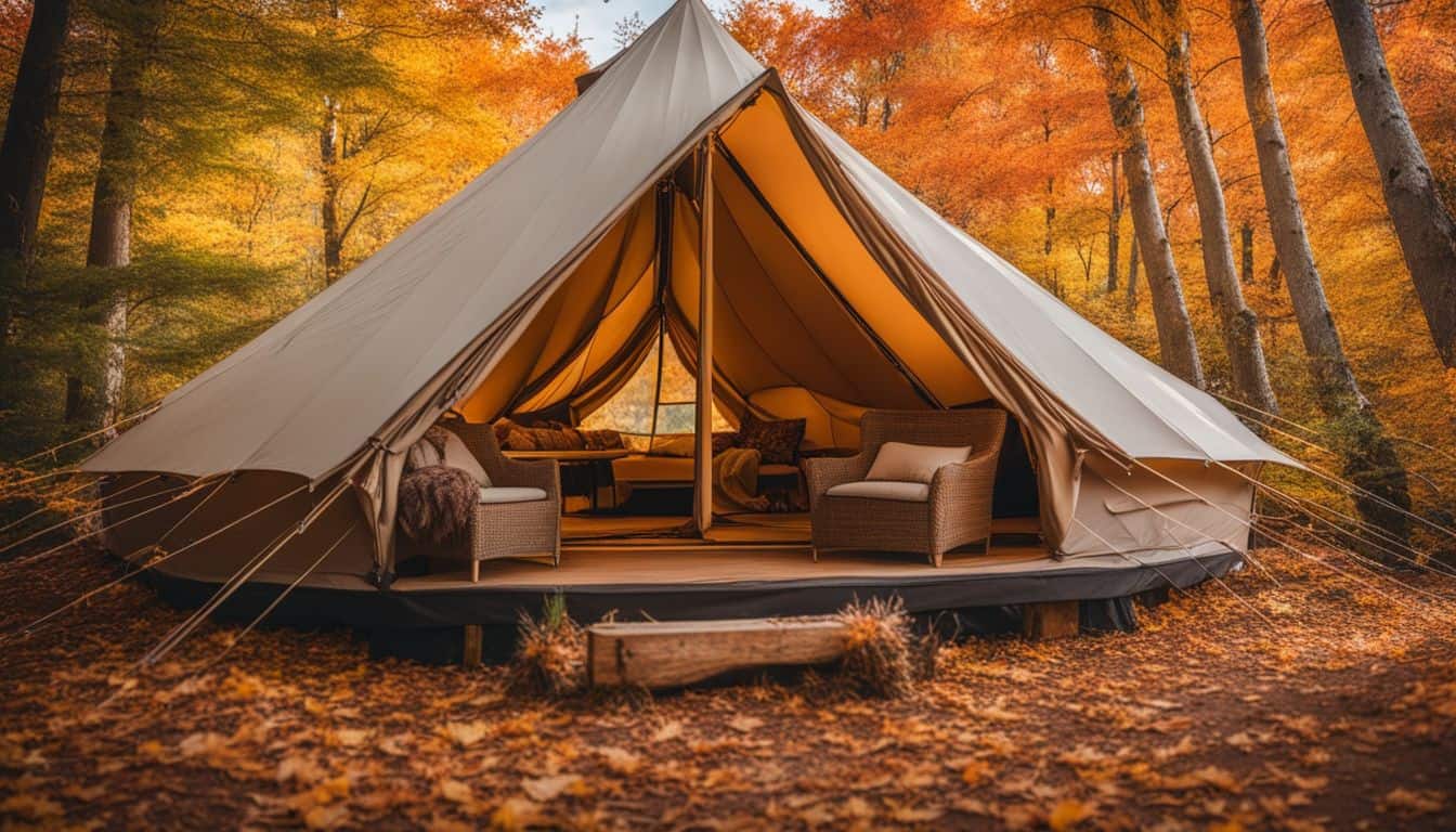 A glamping tent surrounded by autumn foliage in a bustling atmosphere.