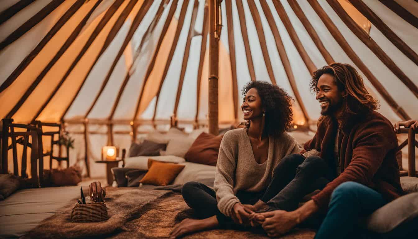 A couple enjoying a cozy evening inside a yurt surrounded by nature.